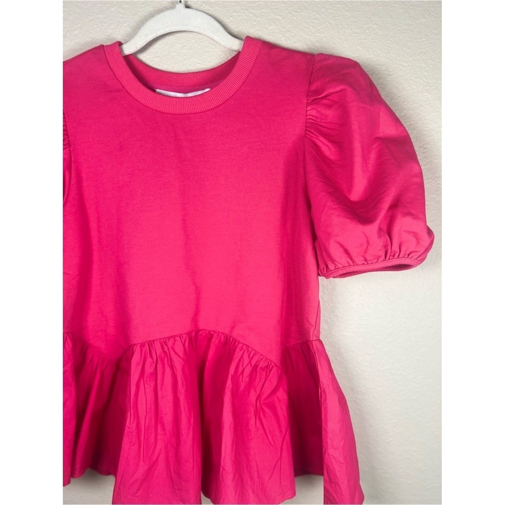 English Factory Mixed Media Puff Sleeve Peplum Top Pink XS NWT Crewneck Blouse - Picture 2 of 10